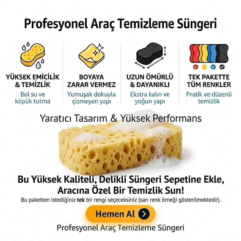 SOGUD Oto Yıkama Süngeri 18x12x5 cm – Yüksek Emicilik Gücü, Çizmez Yumuşak Doku, Kalın ve Dayanıklı Sünger Yapısı, Araç Kaporta, Jant ve Detay Temizlik İçin Profesyonel Oto Temizlik Süngeri - Sarı