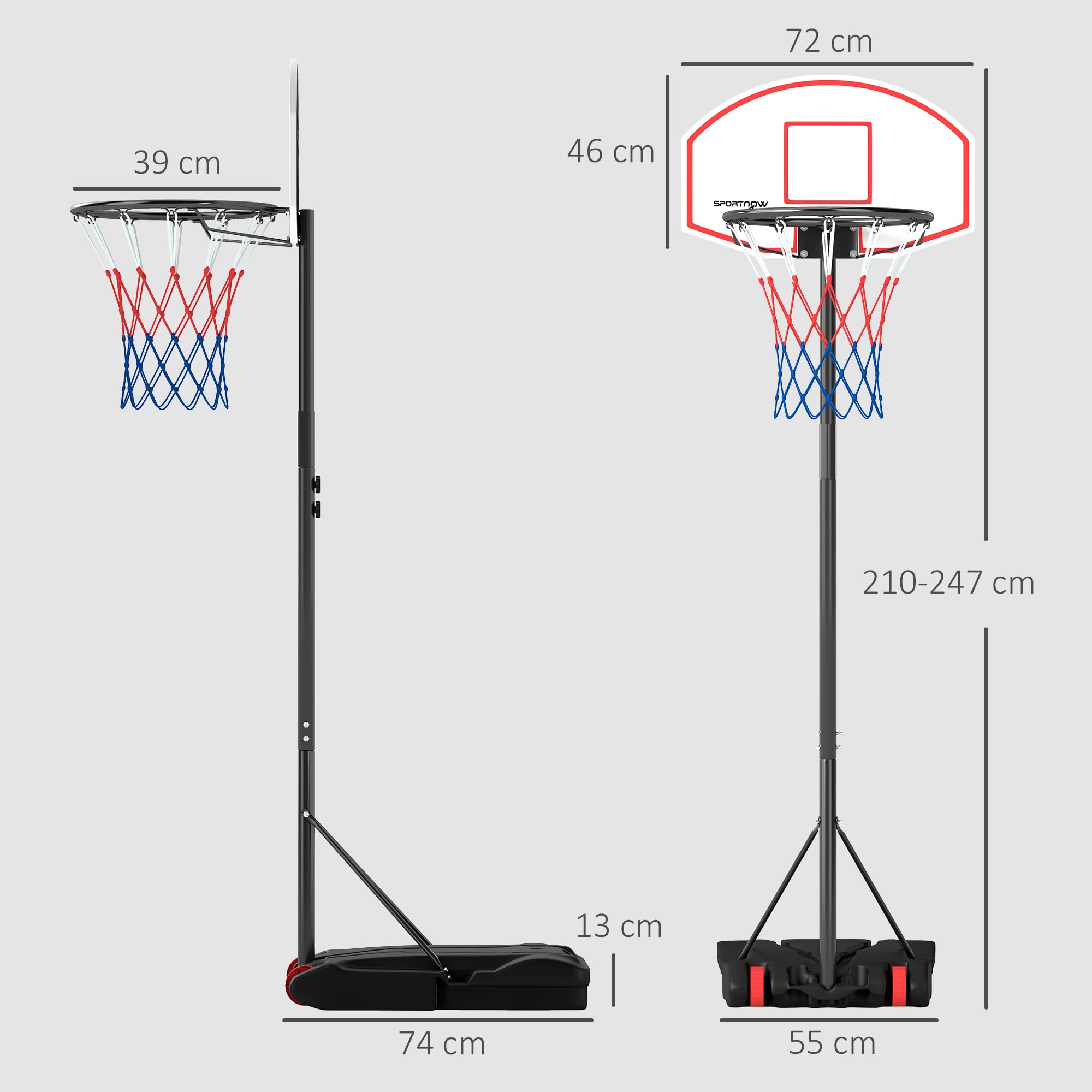 SPORTNOW Canasta de Baloncesto Exterior Tablero Dardos Altura Ajustable 210-247 cm Aro Portátil Ruedas Base Rellenable Negro