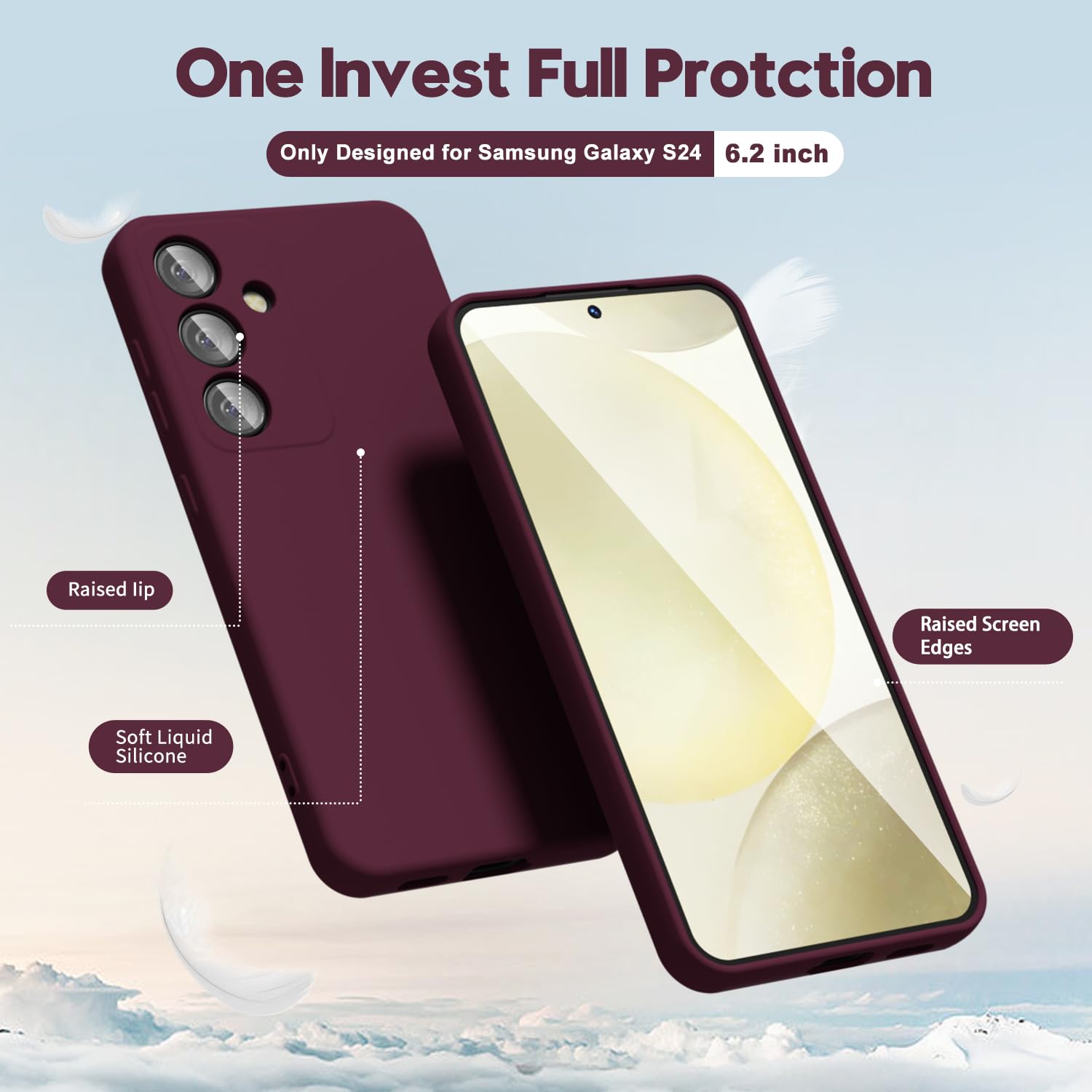 oakxco for Samsung Galaxy S24 Phone Case Liquid Silicone, Thin Slim Soft Rubber Gel TPU Plain Simple Cover for Women Girl Cute, Matte Solid Color, Burgundy Plum Wine — view 3