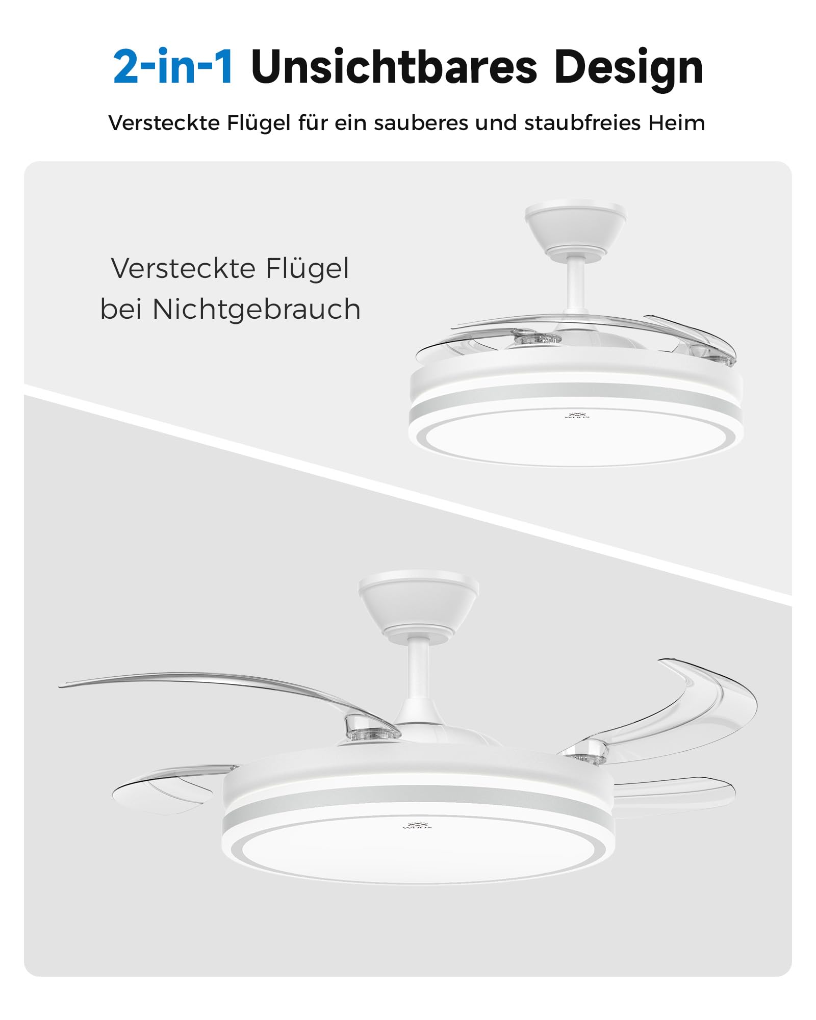 WOOX Deckenventilator mit Beleuchtung 107 cm (42") | 50W LED stufenlos dimmbar (CCT), leiser 30W DC-Motor, 4 ausziehbare Flügel, 6 Stufen, Sommer/Winter-Modus, Fernbedienung