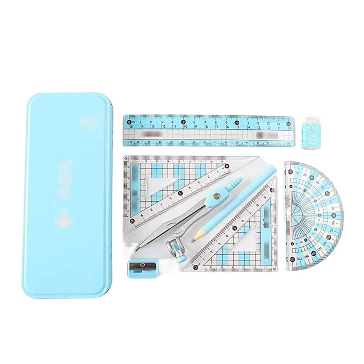 Wbtajzhy Blue Circle Drawing Tool 8 Piece Set, Geometry With Math Compass Divider, Ruler, Triangles, Protractor, Pencil