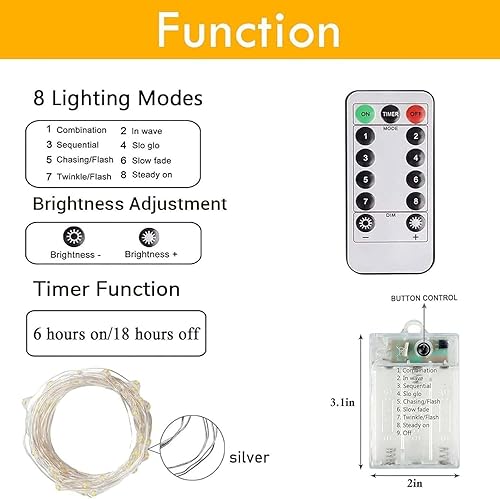 Miniatura 33 de Paquete de 4 luces de hadas que funcionan con pilas con temporizador de control remoto, tira de luces LED para decoración de interiores y Blanco