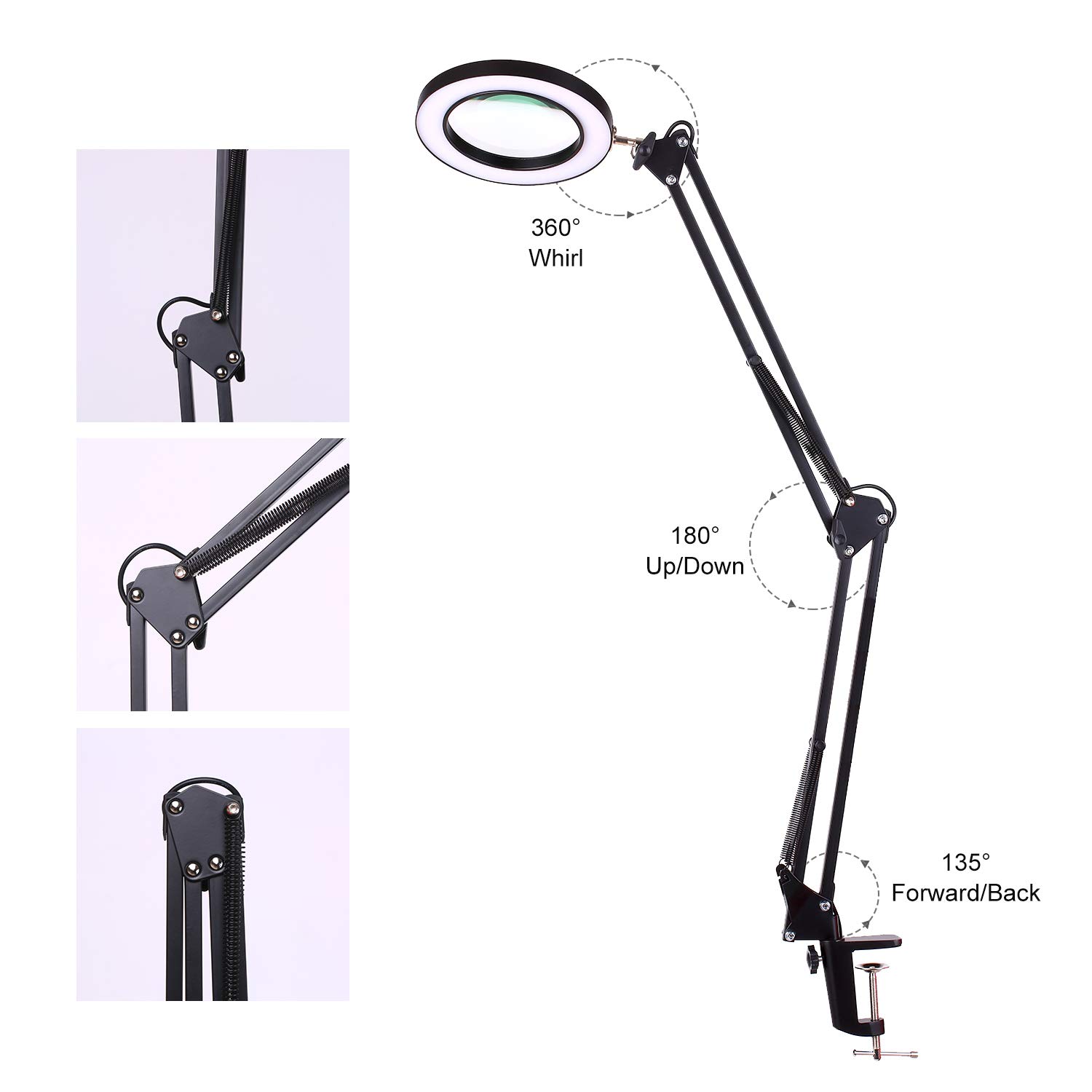 LED Lupenleuchte it Klemme, Hancaner Arbeitsplatzlampe, Dimmbar USB Aufladen 5 Dioptrien Lupe mit Licht, Schwenkarm,3 Farbmodi, 105-mm Glaslinse für Arbeit, Lesen, Hobbys und Nähen