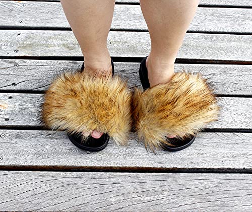 Image of Faux Fur Slides for Women, Fuzzy Slippers Fluffy Sandals Furry House Shoes Indoor Outdoor