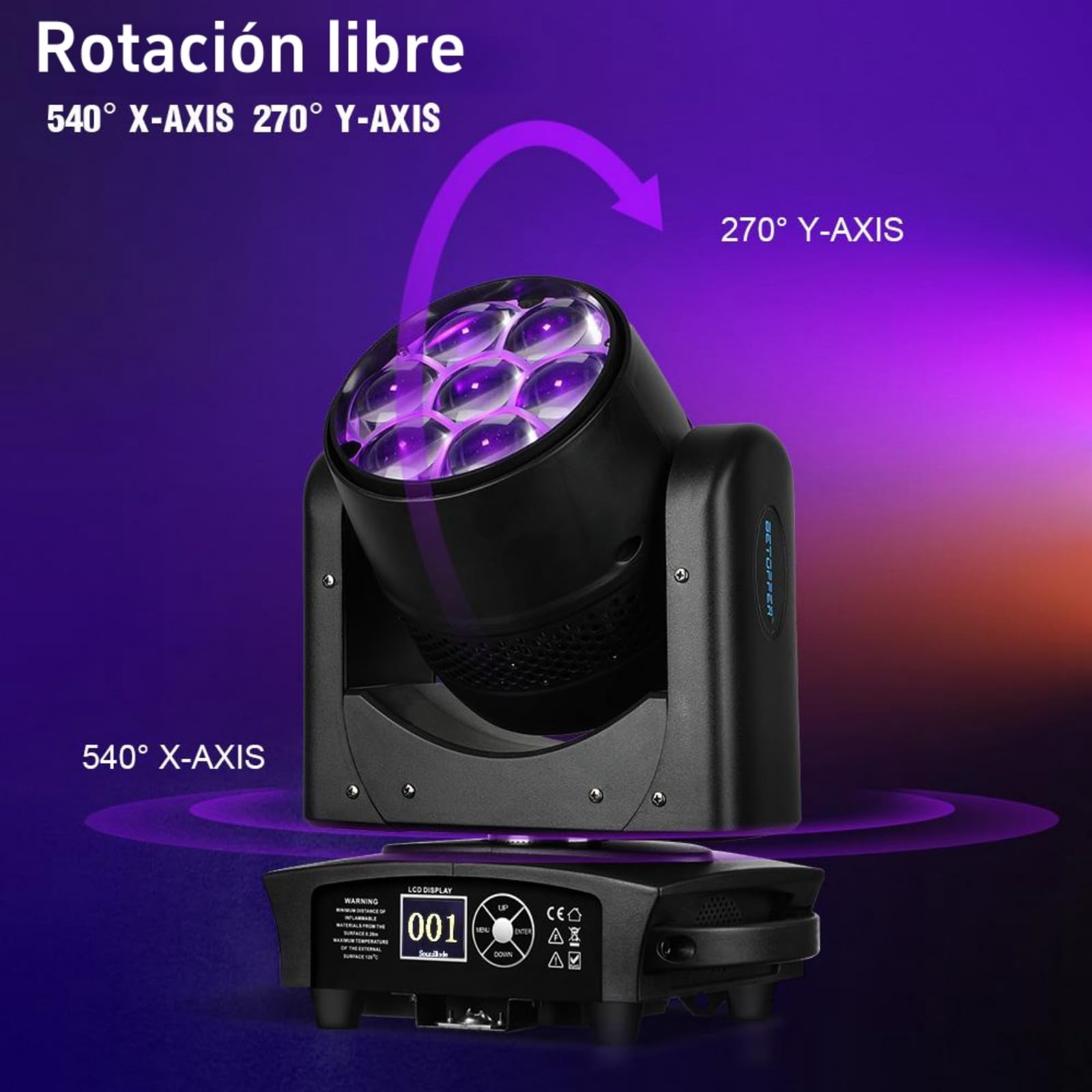 BETOPPER Cabezas móviles 350 W luces discoteca,Moving Head LED 7x40W RGBW Beam/Wash/Zoom/CTO efecto Bee Eye–Luces Spot para iluminación de escenario con activación sonora para fiestas, clubes,2 PCS
