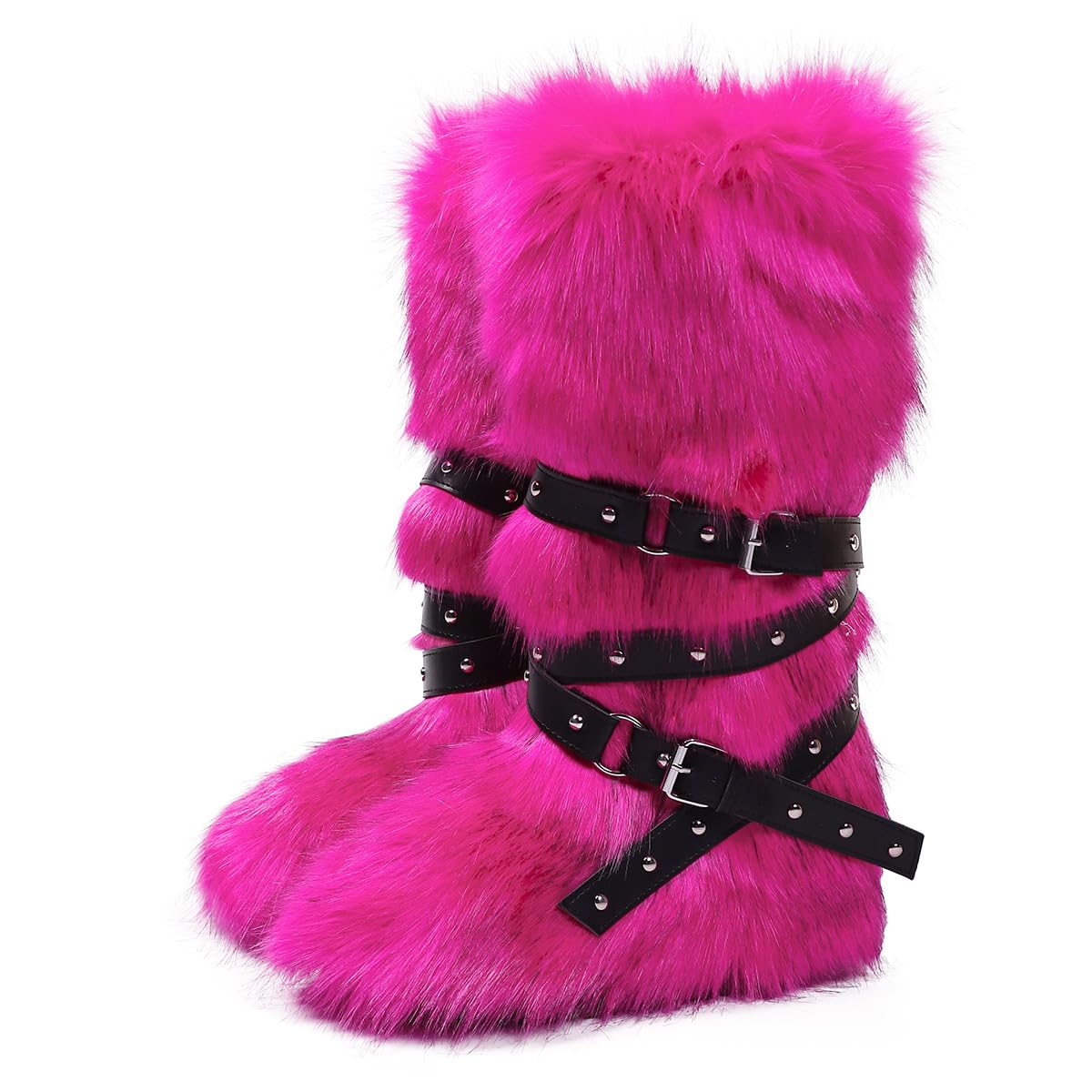 Knee High Faux Fur Boots for Women Winter Y2K Fuzzy Boots with Buckle Snow Fluffy Tall Furry Boot
