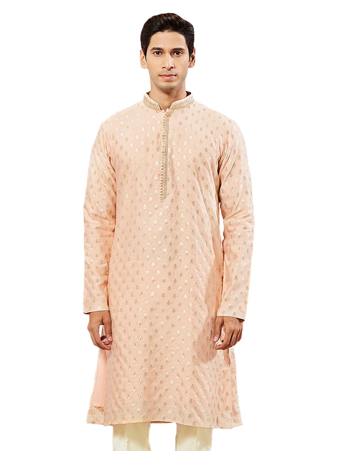 vastramay Men's Peach Silk Blend Kurta-picture-10