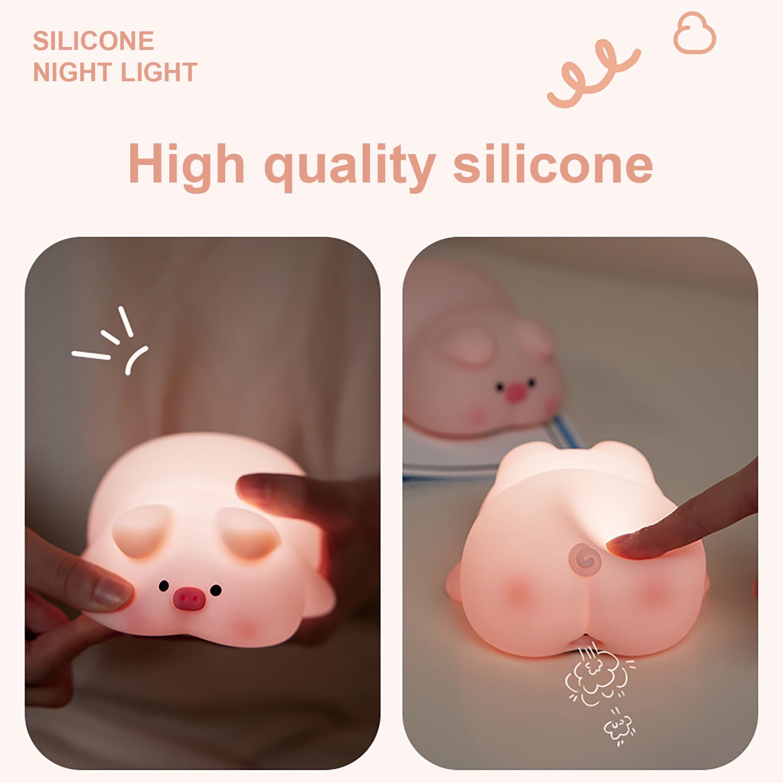 Molantaule Piggy Night Light, Cute Soft Silicone Pig Lamp Dimmable Nursery Portable Kawaii Lamps, Bedroom Decor Birthday Xmas Gift Boy Girls Gift