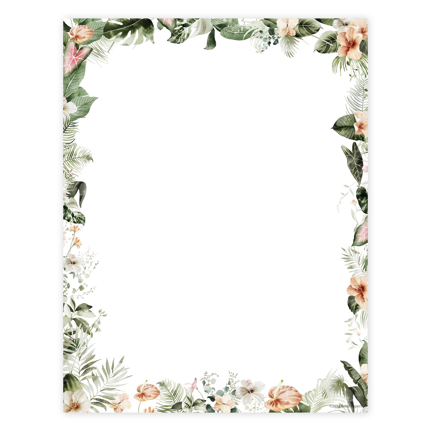 Tropical Floral Greenery Border Letterhead / 40 Colorful Paper Sheets / 8.5" x 11" All Occasion Beach Party Celebration Paper/Decorative Vacation