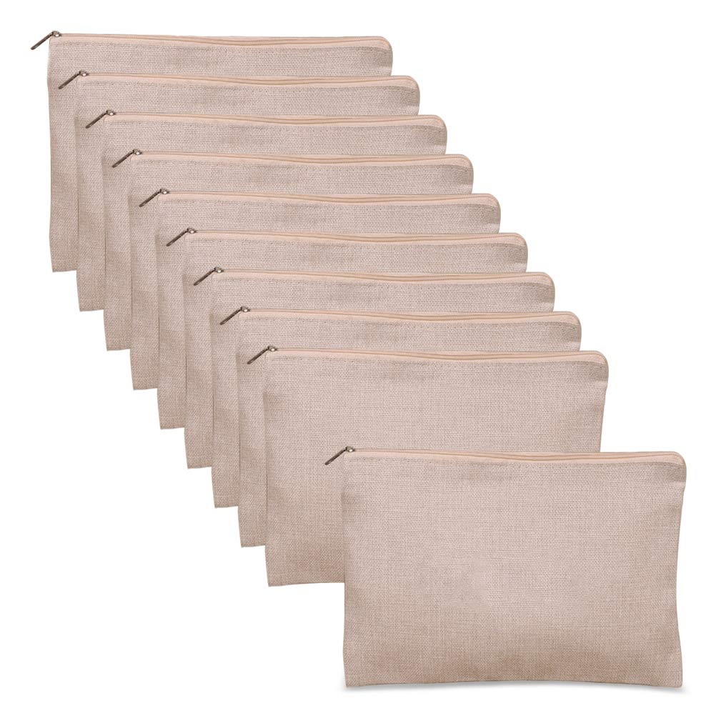 Uspacific 10pcs Multipurpose Makeup Bag with Zippe Beige Canvas Cosmetic Bag Pouches Travel Toiletry Bag Pen Pencil Blank Bag DIY Craft Bag Invoice Bill Bag
