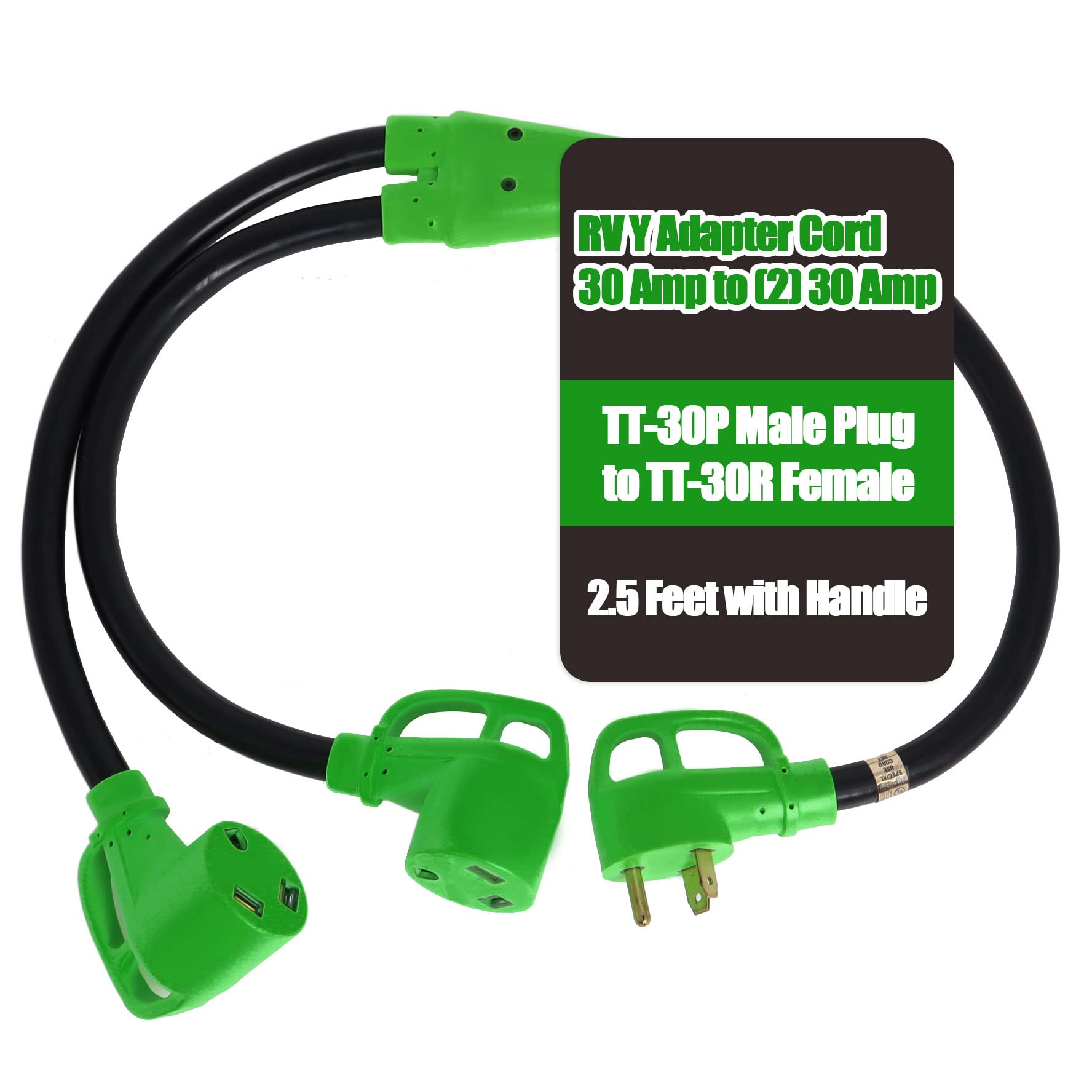 30 Amp RV Y Splitter Adapter Cord 30A Male Plug to Two 30A Female Receptacle NEMA TT-30P to TT-30R Pure Copper Heavy Duty STW 10 AWG Cable for Trailer