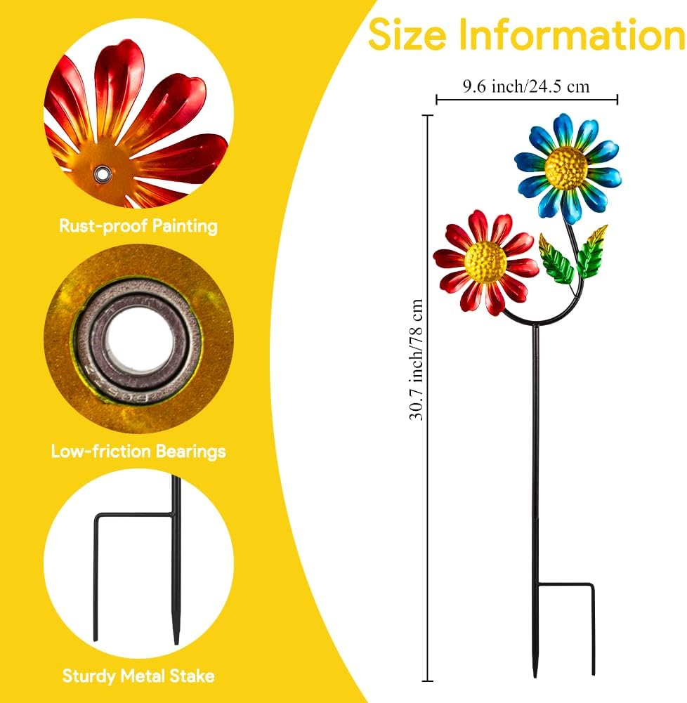 Viveta 2 Pack Flower Wind Spinners, Metal Wind Sculptures,Garden Pinwheels, Colorful Metal Windmill for Yard Lawn Patio Decor