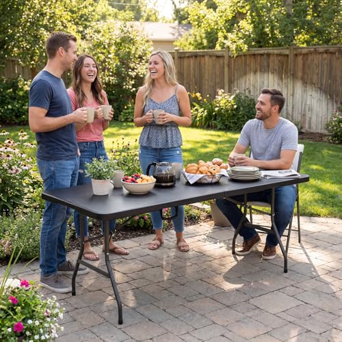 Image of Byliable Folding Table 6ft, Heavy Duty Portable Plastic Fold-in-Half Utility Table with Carrying Handle for Indoor Outdoor, Camping Picnic Party, Black