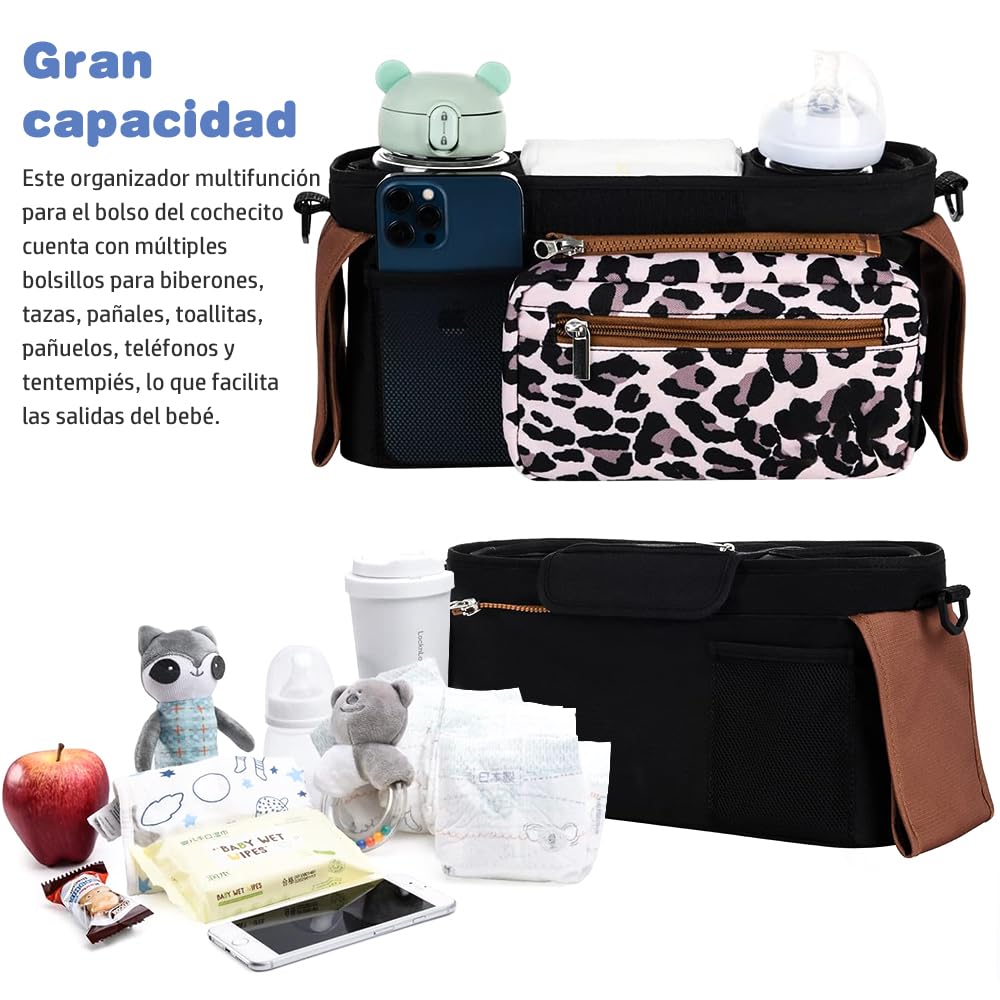 Borsa organizer per passeggino, borsa organizer per passeggino con portabicchieri isolato e tracolla regolabile, per pannolini e giocattoli, passeggino con 2 ganci (leopardo)