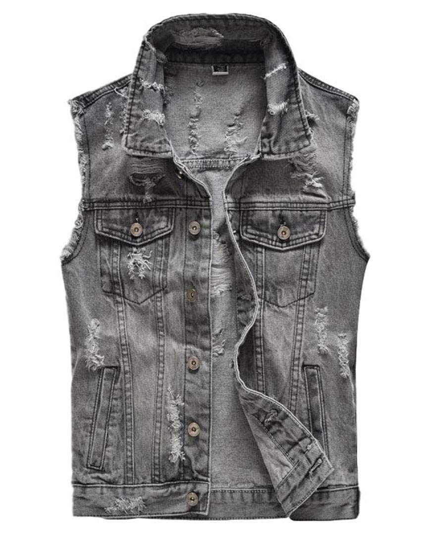 Idopy Men's Sleeveless Denim Vest Button-Down Ripped Jean Jacket Waistcoat Grey (3XL/M)