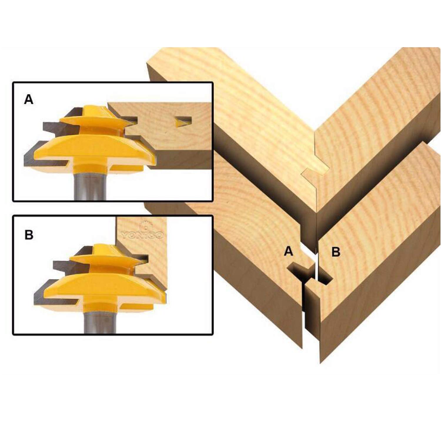 KATSU Set Di 3 Frese Per Router: 1x Taglio Obliquo A 45° (51mm) + 2x Per Linguetta E Scanalatura (6,35mm), Gambo 6,35mm, Punta In Metalloo Duro - 2