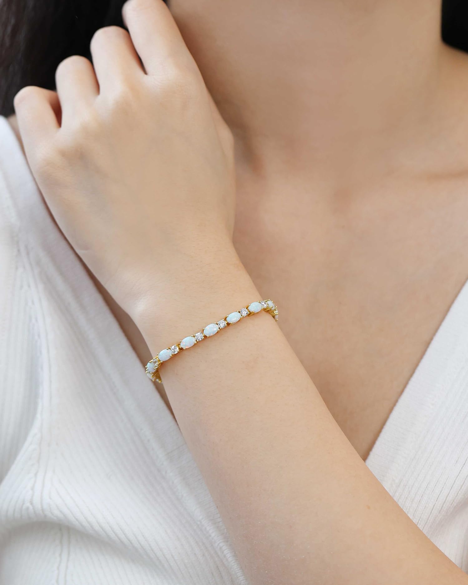 FANCIME Bracciale da tennis da donna placcato oro 14 carati, con pietra portafortuna, in argento Sterling 925, gioiello per donne e ragazze, lunghezza 19 cm