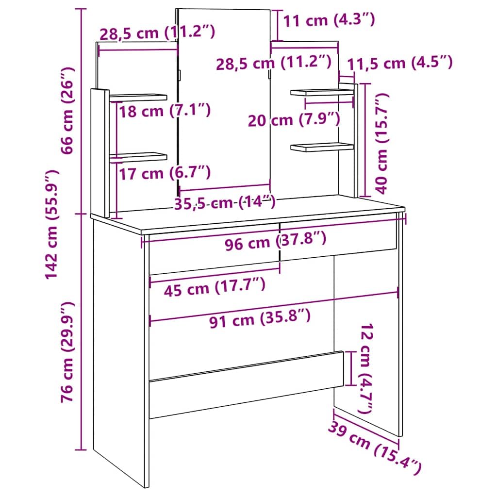Toeletta trucco legno antico con specchio 96x39x142 cm, tavolo vanità con 2 cassetti e 4 ripiani portaoggetti, mobiletto consolle per camera da letto e bagno, postazione make up salvaspazio