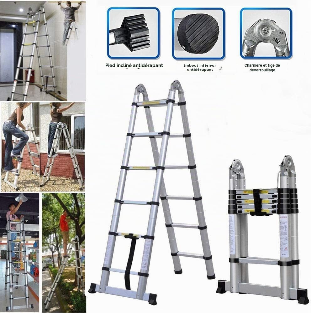 Échelle pliable en forme de A de 3,8 m (1,9 + 1,9 m) - Échelle télescopique en aluminium - Portable - Multifonction - Capacité de charge de 150 kg - Pour la maison, le bureau, le bricolage, les