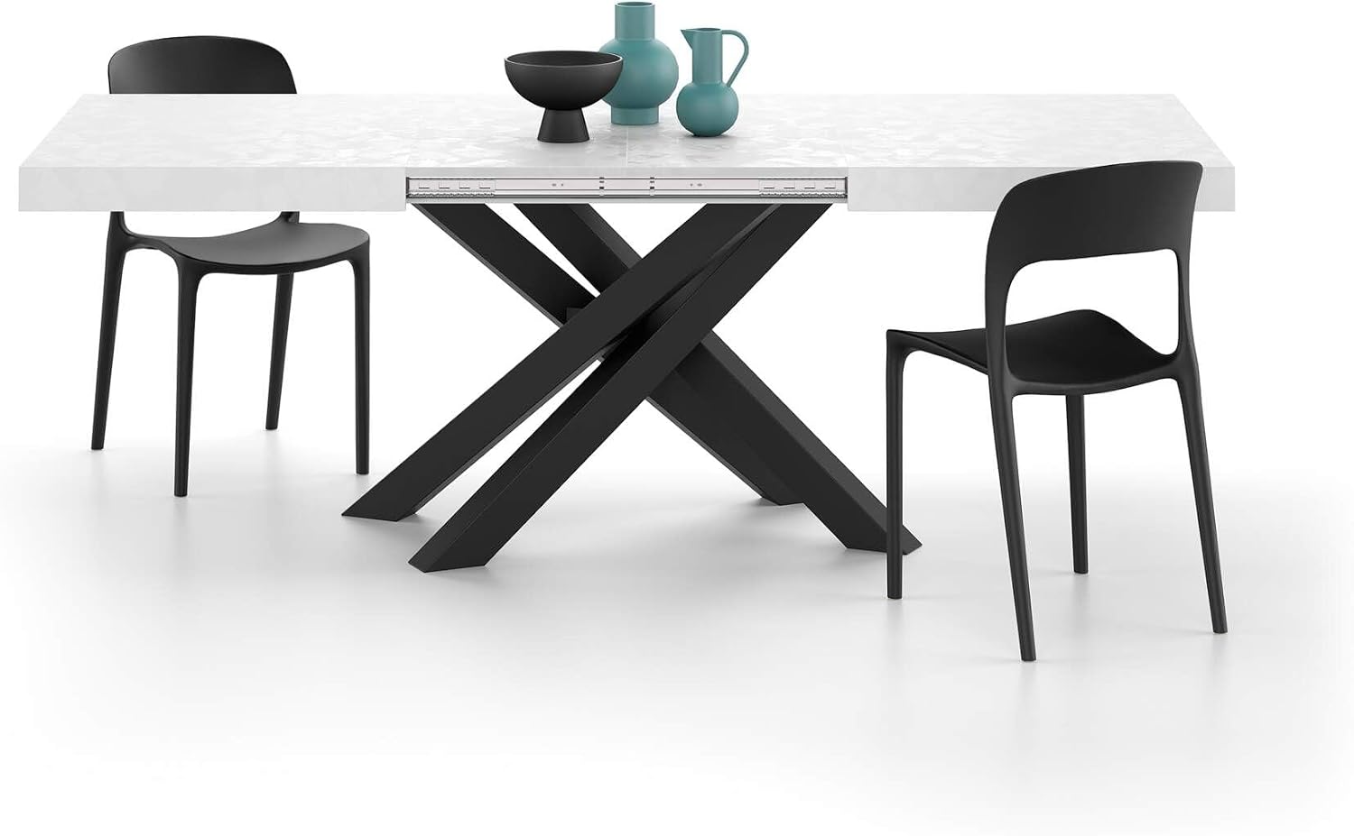 Mobili Fiver, Emma 55.11(86.6) x35.4 in Extendable Table, Concrete Effect, White with Black Crossed Legs, for 6-10 People, Expandable Dining Table for Kitchen, Living Room, Italian Furniture