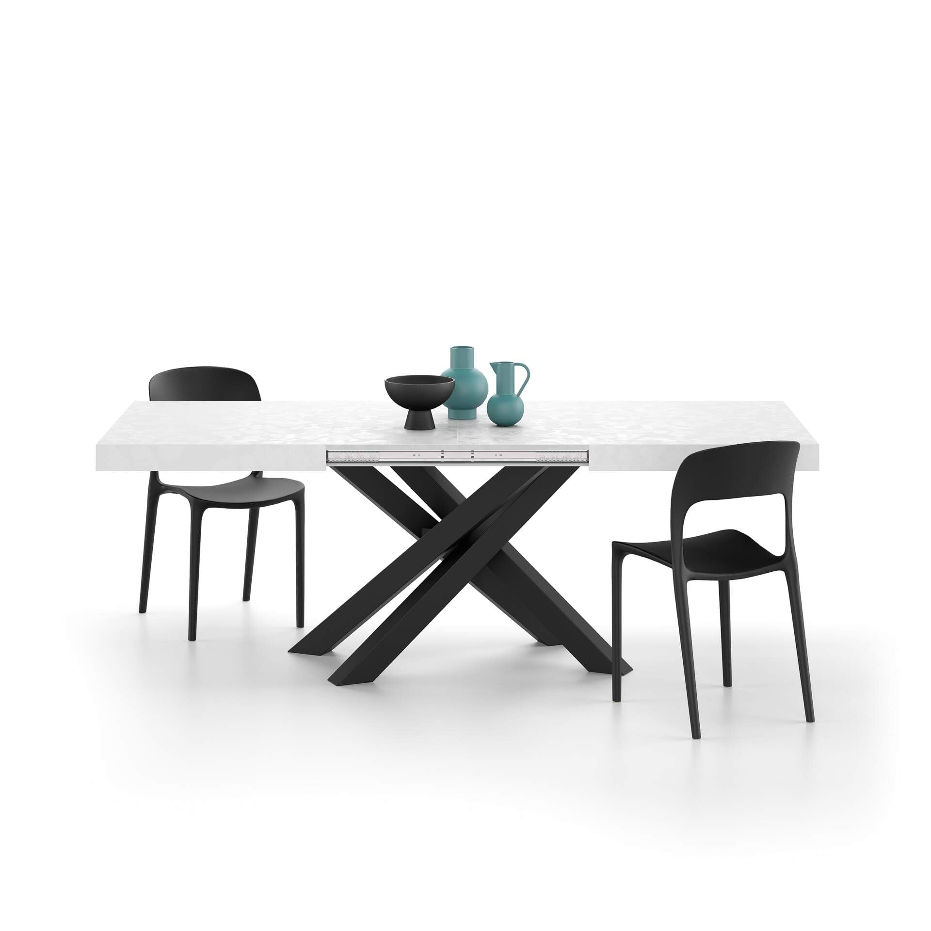 Mobili Fiver, Tavolo Allungabile Emma 140(220) x90 cm, Bianco Cemento con Gambe Incrociate Nere, per 6-​10 persone, Tavolo Cucina, Soggiorno, Made in Italy