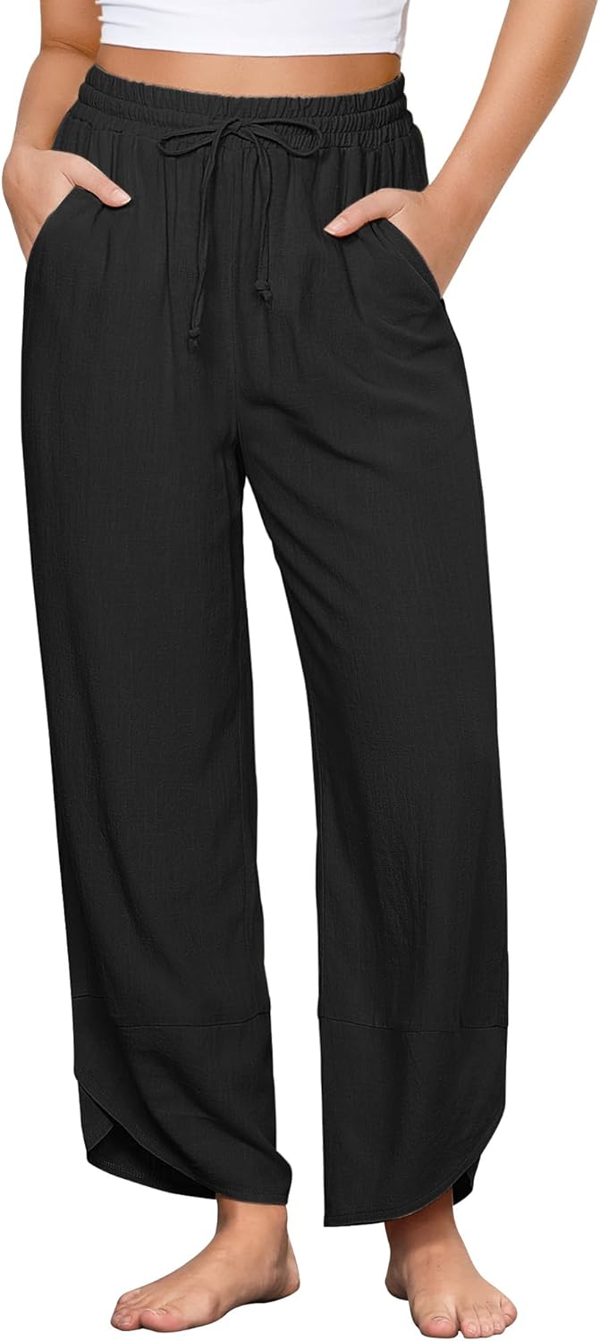 GRAPENT Linen Pants Women High Waisted Wide Leg Casual Beach Pull On Elastic Waist Summer Cropped Pants with Pockets