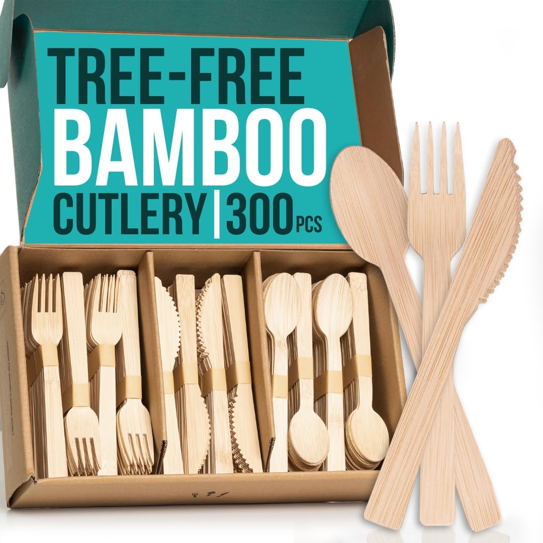 Bamboo Cutlery Set 300 Pcs (100 Forks 100 Knives 100 Spoons) Reusable & Disposable Bamboo Utensils Set | Splinter-Free, Sturdy, Compostable Cutlery Set| FSC Certified