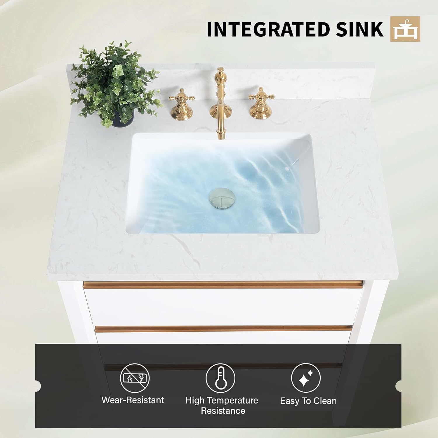 Vanity Art 30 inch Small Bathroom Vanity with Sink & Ceramic Top, Vanity Cabinet with 3 Drawers, Solid Wood Frame, Ceramic Sink, White, VA8030-W1