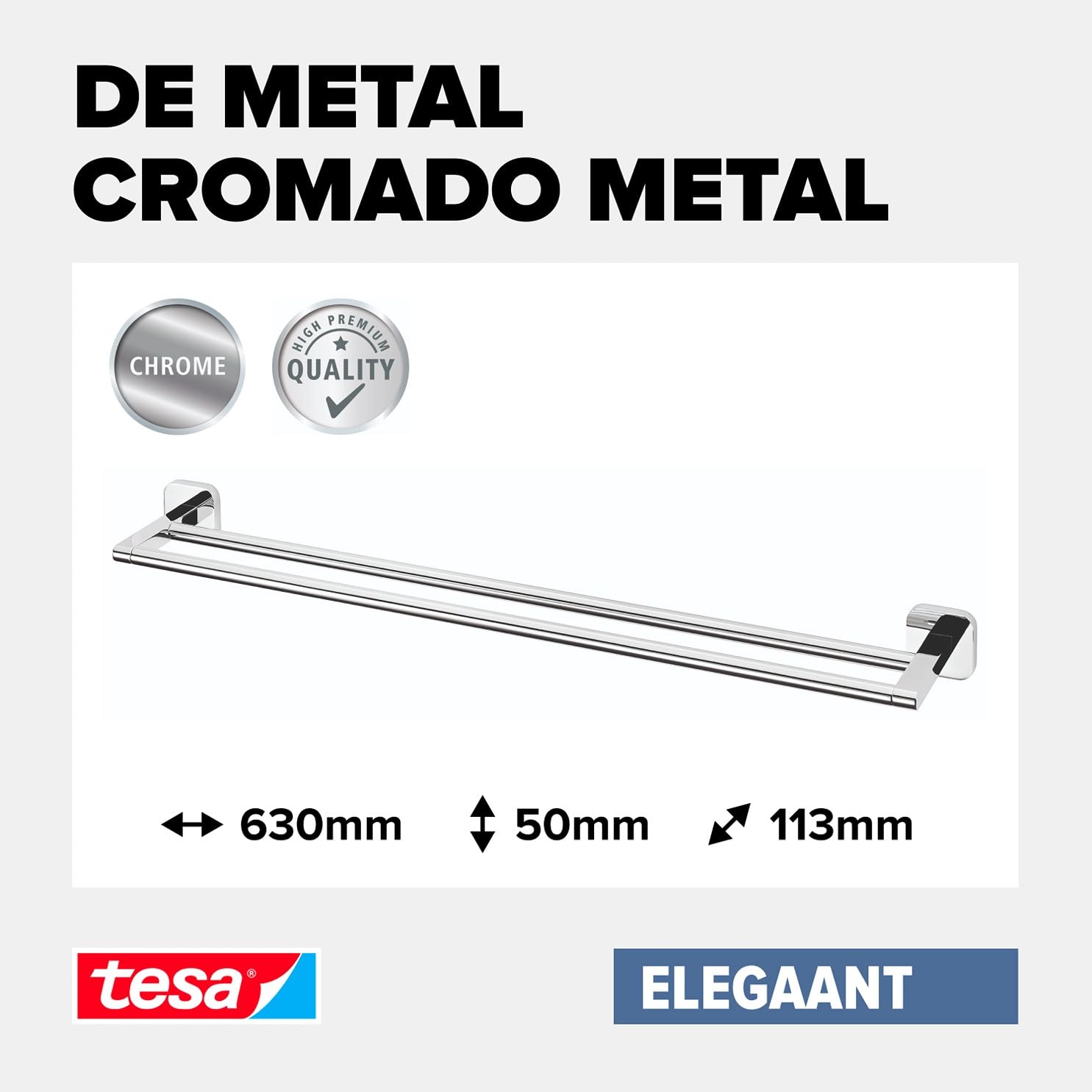 tesa Barra doble Elegaant, autoadhesiva, metal cromado, elegante diseño