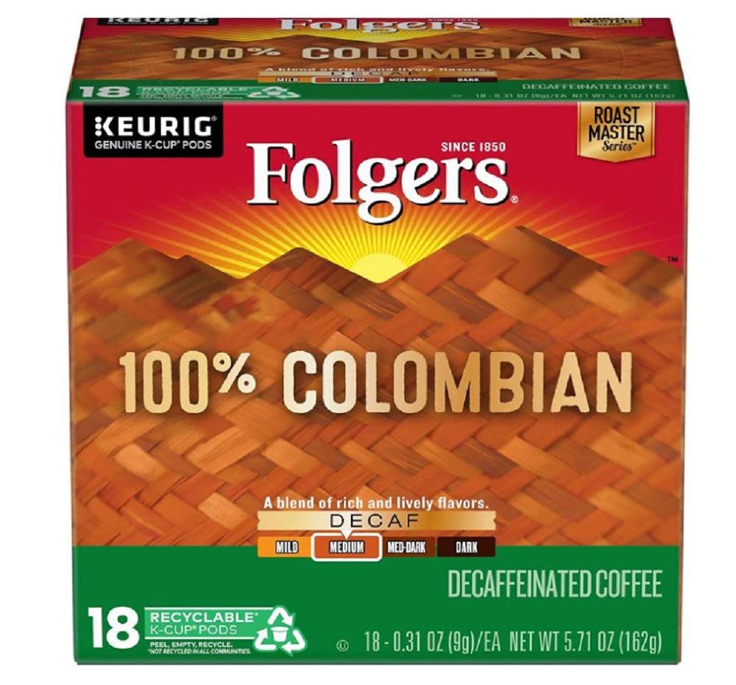 Folgers Decaf 100% Colombian Medium Roast K Cup Pods for Keurig Brewers, 18 Count, Packaging May Vary