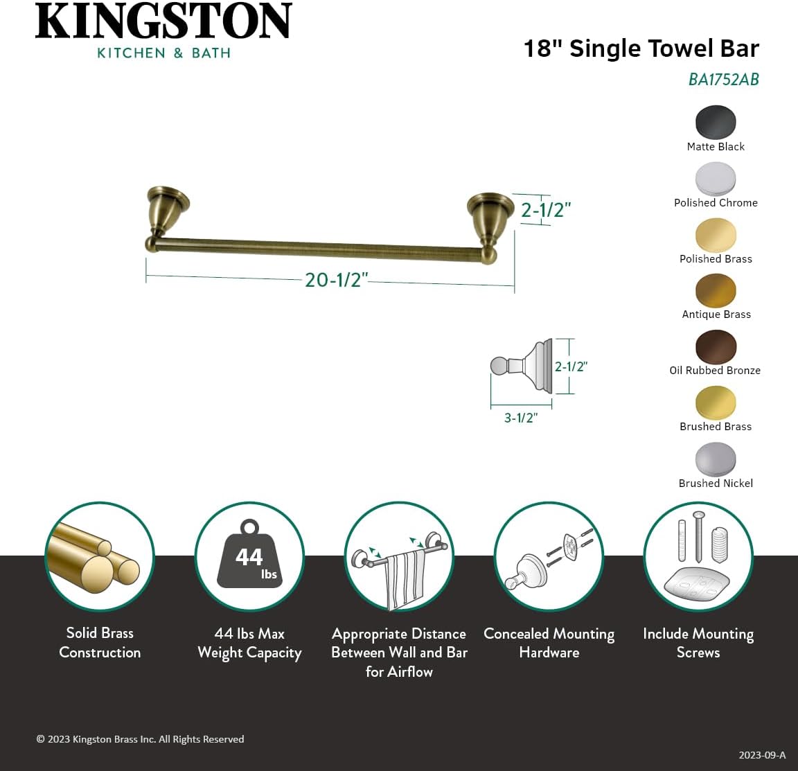 Kingston Brass BA1752MB Heritage 18-Inch -Towel Bar, Matte Black