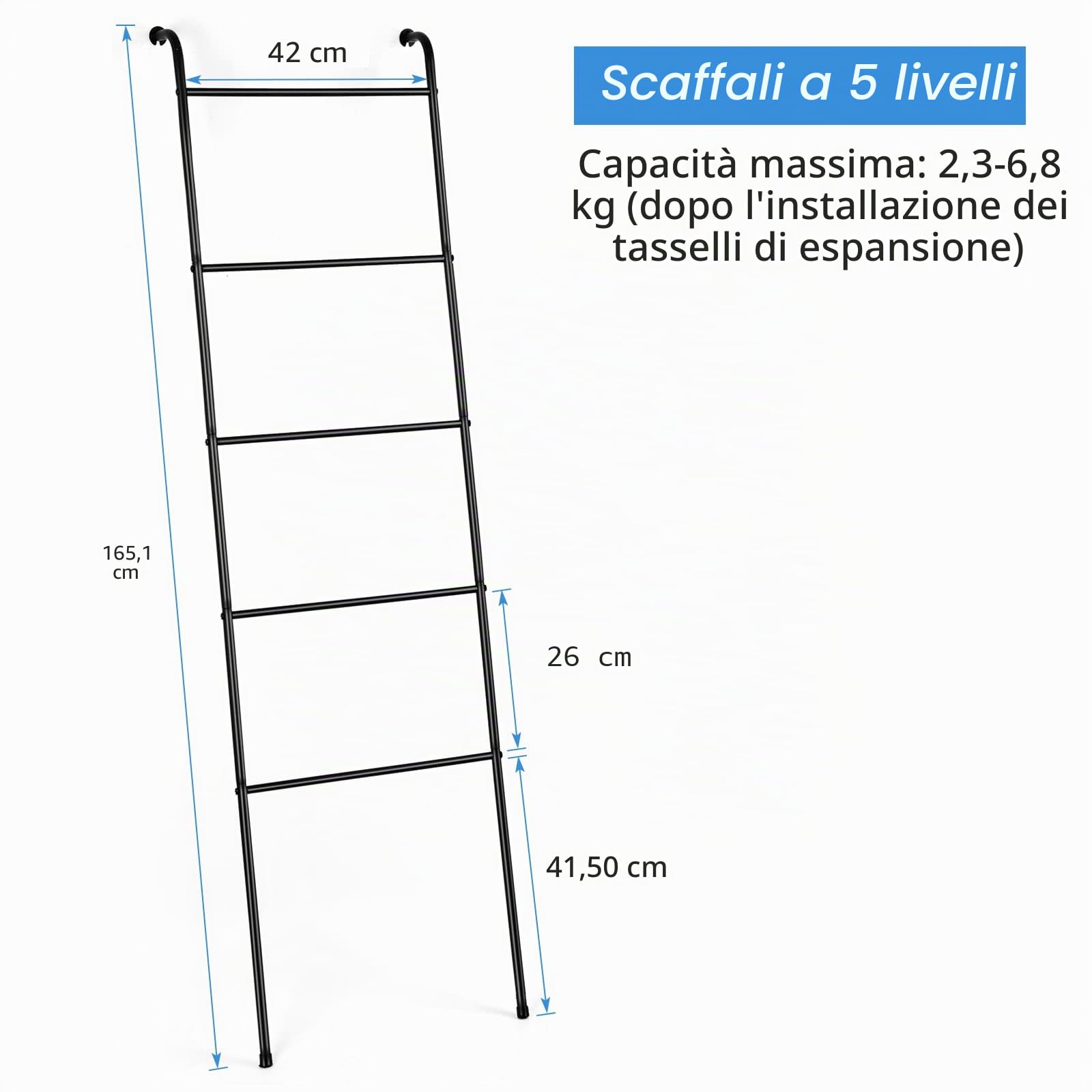 Scaletta per asciugamani per coperte, coperta da parete, porta asciugamani decorativo a 5 ripiani, per soggiorno, bagno, lavanderia, nero