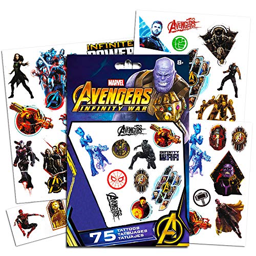 Marvel Avengers Temporary Tattoos Party Set (75) -- Avengers Infinity War Tattoos Featuring Iron Man, Thor, Hulk, Captain America and More (Includes Separately Licensed Bookmark)