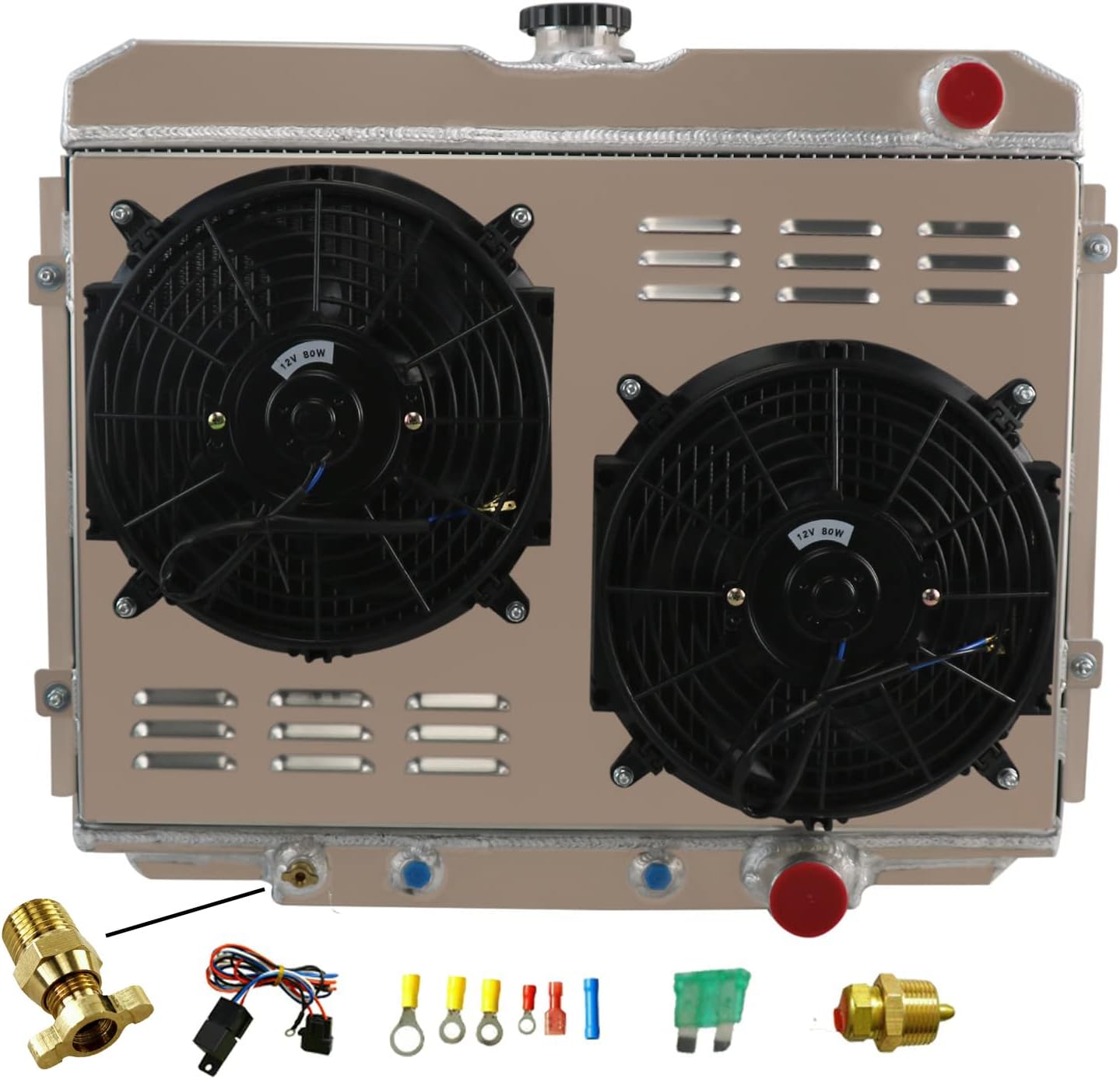 Aluminum Radiator for 1967 1968 1969 1970 Ford Mercury Mustang Cougar Fairlane Ranchero V8 L6 3.3L 4.1L 7.0L Base 500 3 Row Radiators Shroud Fan Thermostat Relay Kit