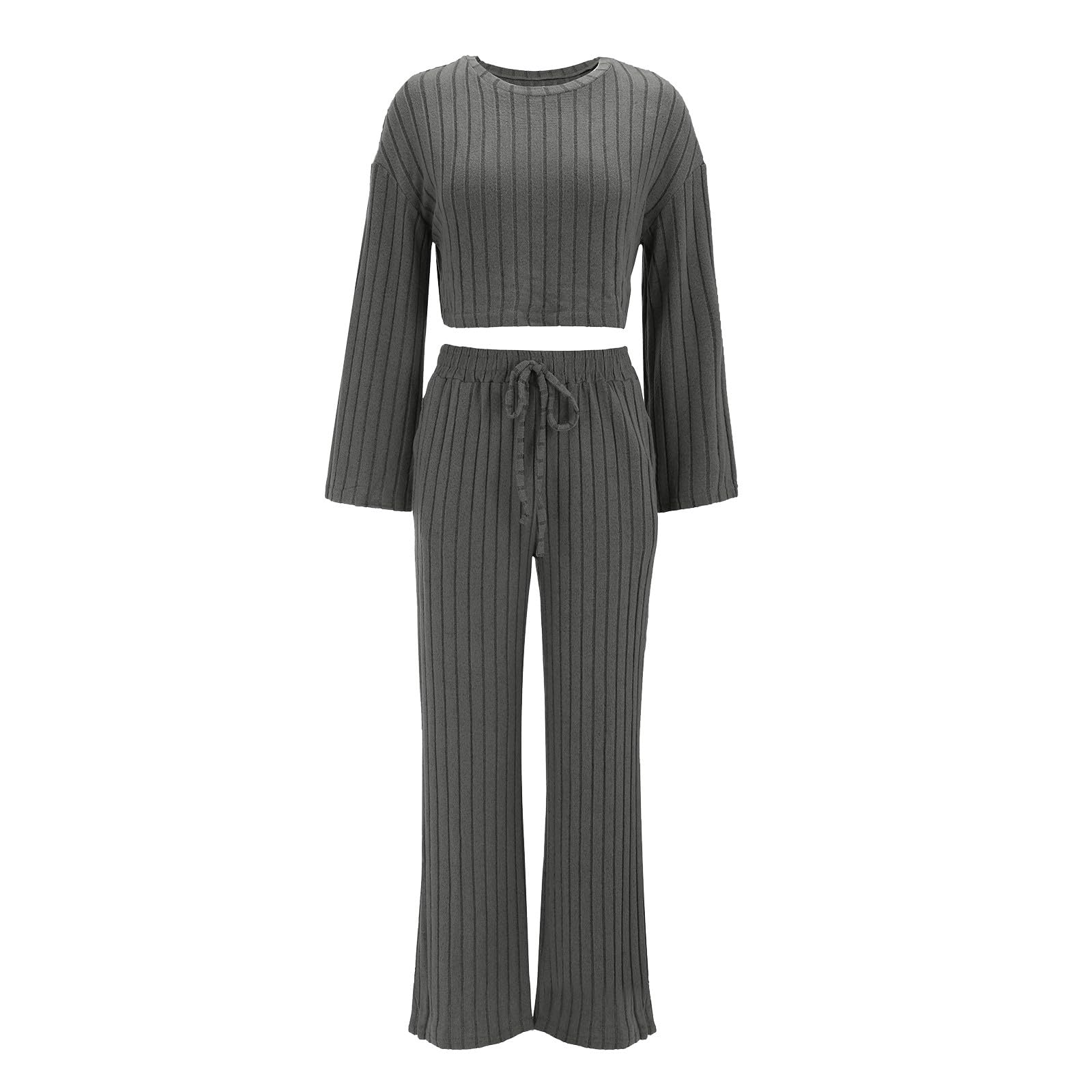 Pantaloni da jogging da donna a coste, con top cropped + gamba larga, pantaloni da jogging a vita alta, felpa a maniche lunghe, tinta unita, per il tempo libero Hip Hop Streetwear