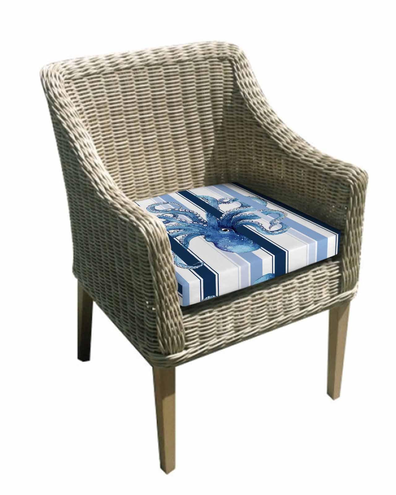 Hokiten Ocean Octopus Outdoor Cushion Chair Cover Set of 4 - Waterproof Couch Seat Covers, Watercolor Navy Blue Aqua Stripe Modern Patio Furniture Protector Cushions Slipcovers for Sofa/RV, 20