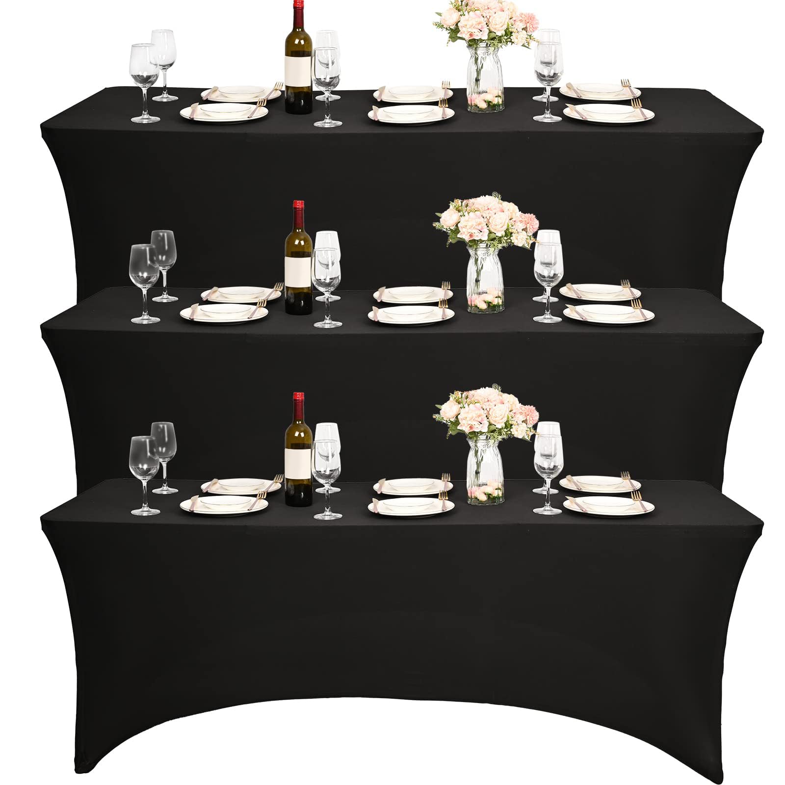 3piezas de 6pies de Spandex Negro para Mesa, Mantel elástico de Spandex, Mantel de cóctel Rectangular, Ropa de Mesa Negra Ajustada Antiarrugas Lavable para Bodas/Fiestas de cumpleaños(Negro)