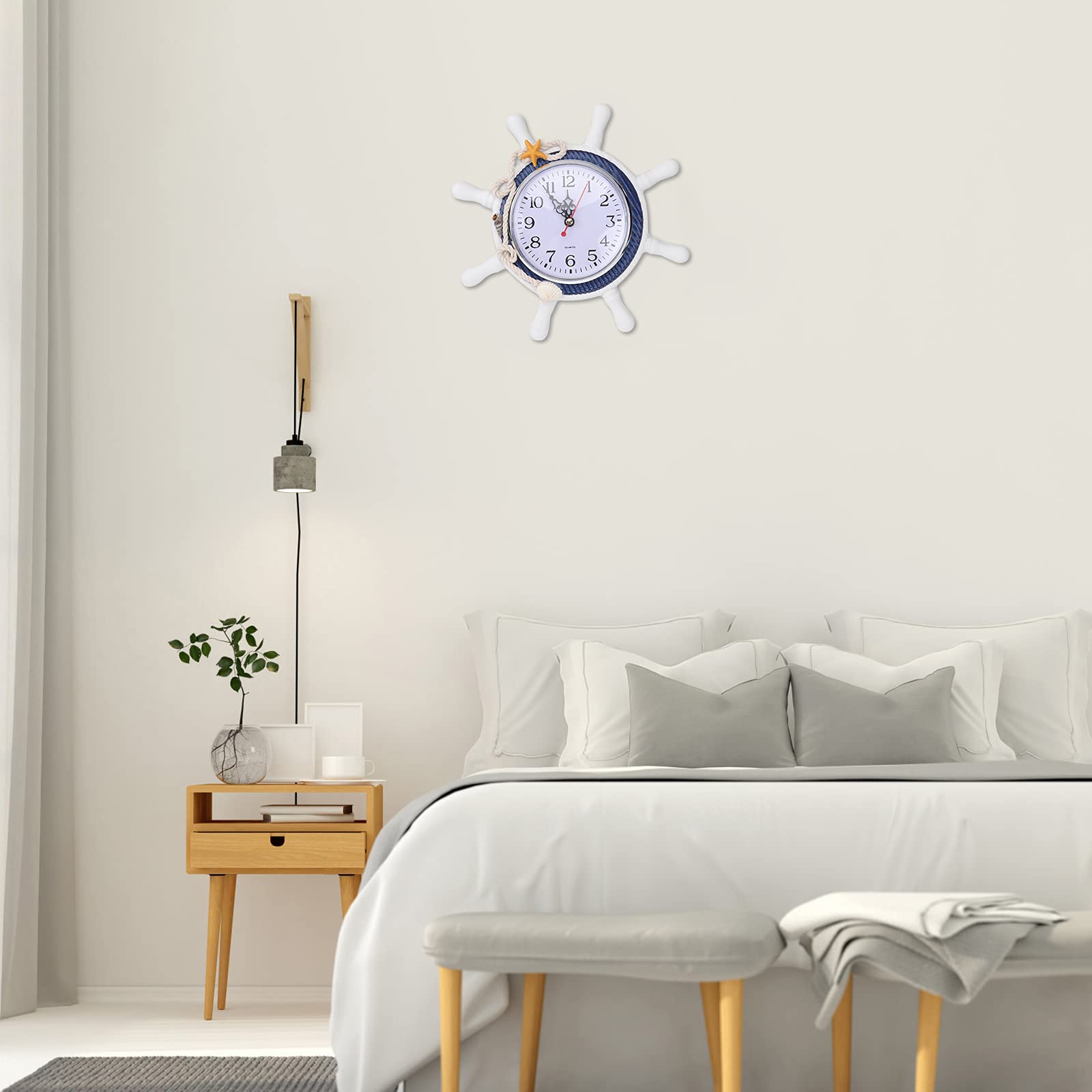 GARNECK Beach Clock Wheel Wall Clock Mediterranean Style Silent Nautical Ship Wheel Clock Nautical Coastal Beach Home Accent for Home Office Bedroom ((Random Color) Nautical Clock