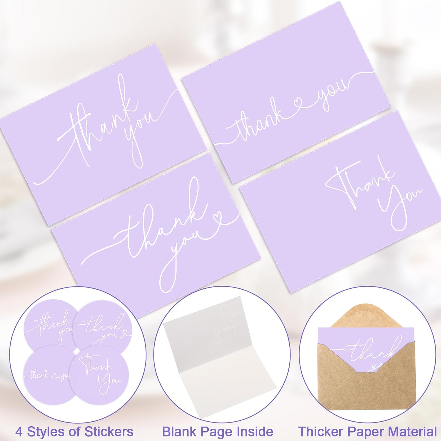 Teling 200 Set Thank You Cards with Envelopes Bulk, 6 x 4 Inch Blank Thank U Greeting Notes with Brown Kraft Envelopes Stickers Thankyou Card Set for Graduation Wedding Birthday Baby Shower(Purple)