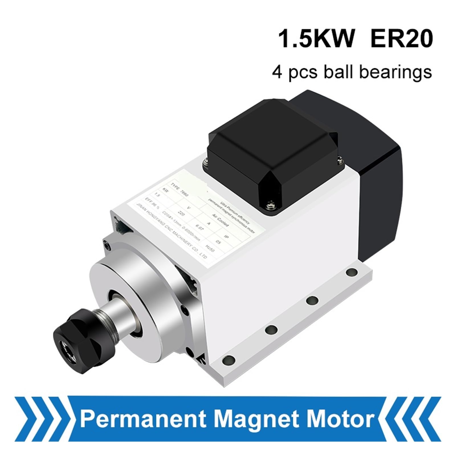 Husillo de potencia constante CNC, 1,5 kW, ER20, 6000rpm, brida bajo par, Motor imán permanente refrirado por aire, fresadora, perforación, Unidad de potencia(Set)