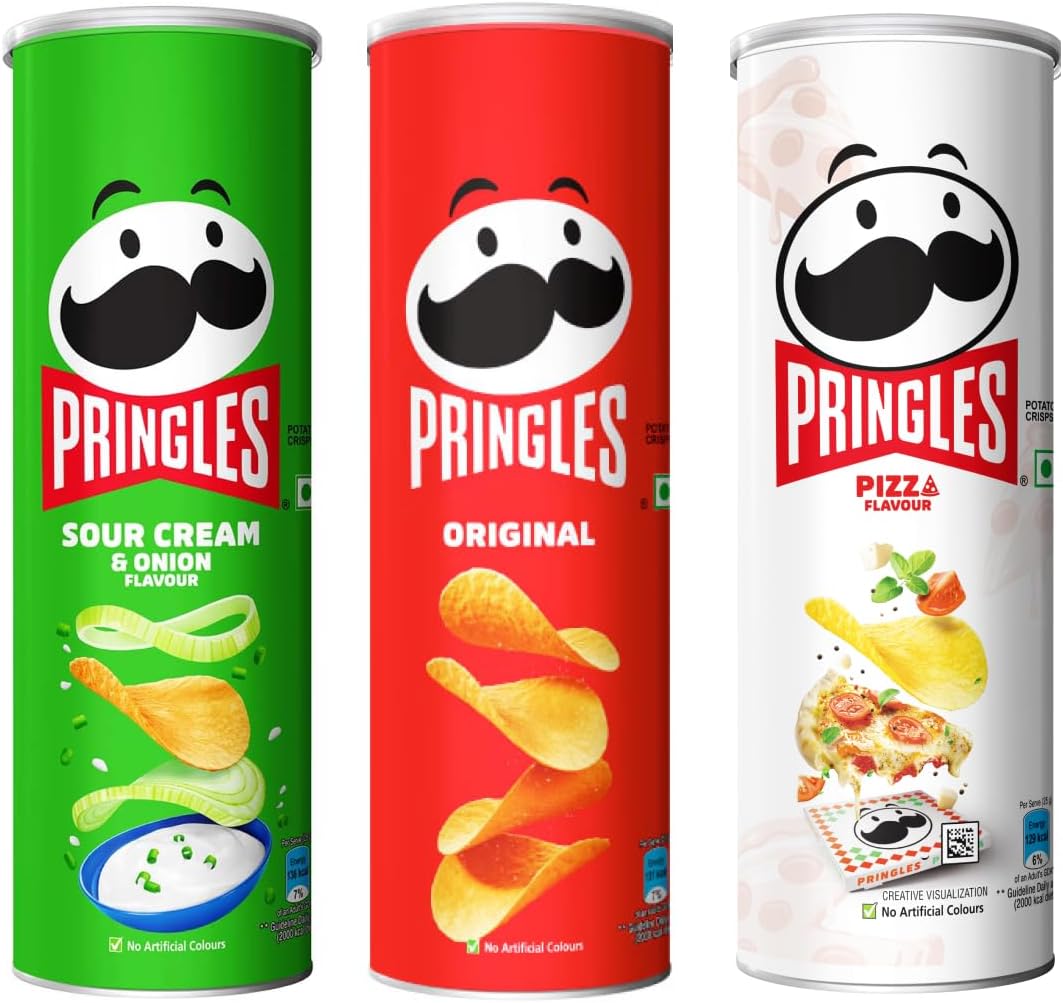 Pringles Potato Chips Combo, 316 grams | Combo of Original (107g) + Sour Cream & Onion (107g) + Pizza (102g) | Crispy Snack for Movie Night & Sports Binging | On-the-Go Can