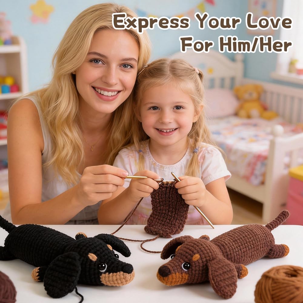 Wxeadu Häkelset für Anfänger, Häkelset Tiere, 2 Stück Dackel Garn Häkelnadel Set, Häkeln für Anfänger, Crochet Set mit Videokurs und Schritt Anleitungen, Stricken für Anfänger Set für Geschenk