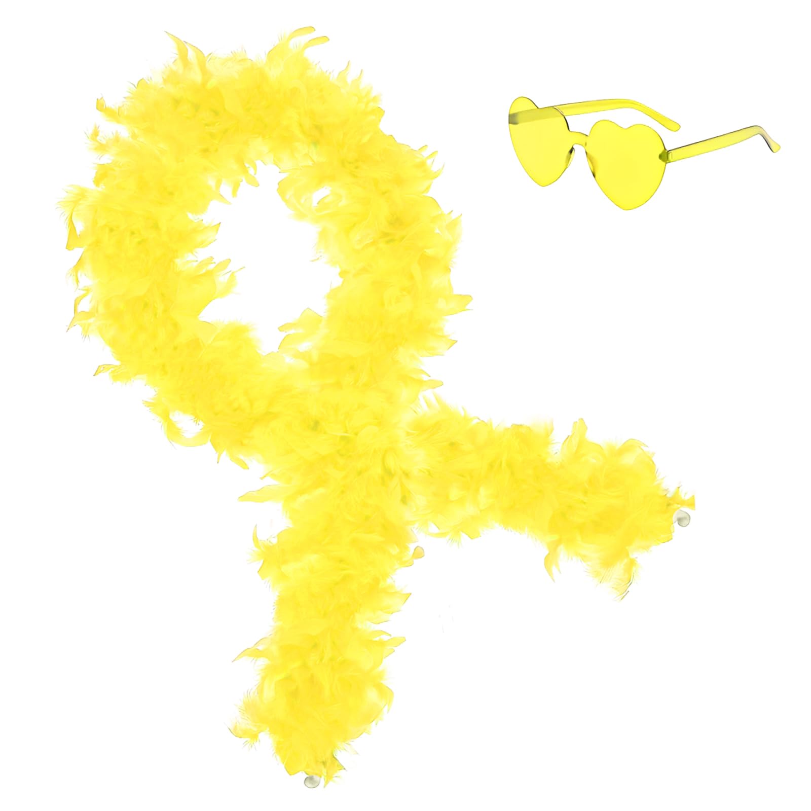 2Pcs Colorful Fancy Dress Feather Boa Set, 6.6ft Feather Boa with Heart Rimless Sunglasses for Women, Artificial Fluffy Boa Decorations wit for Dancing Wedding Party Cosplay Halloween (Yellow) — image 1