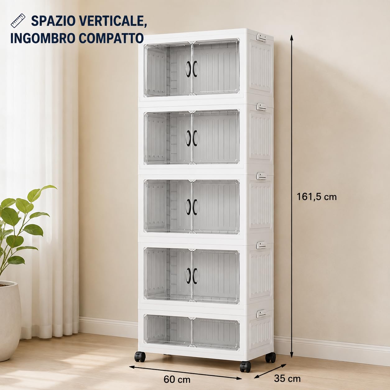 Generico 5-poziomowy organizer do przechowywania, z przezroczystymi drzwiami i kółkami, pionowa szafka do przechowywania 60 x 35 x 161,5 cm, uniwersalny regał do salonu, sypialni, łazienki i pralni