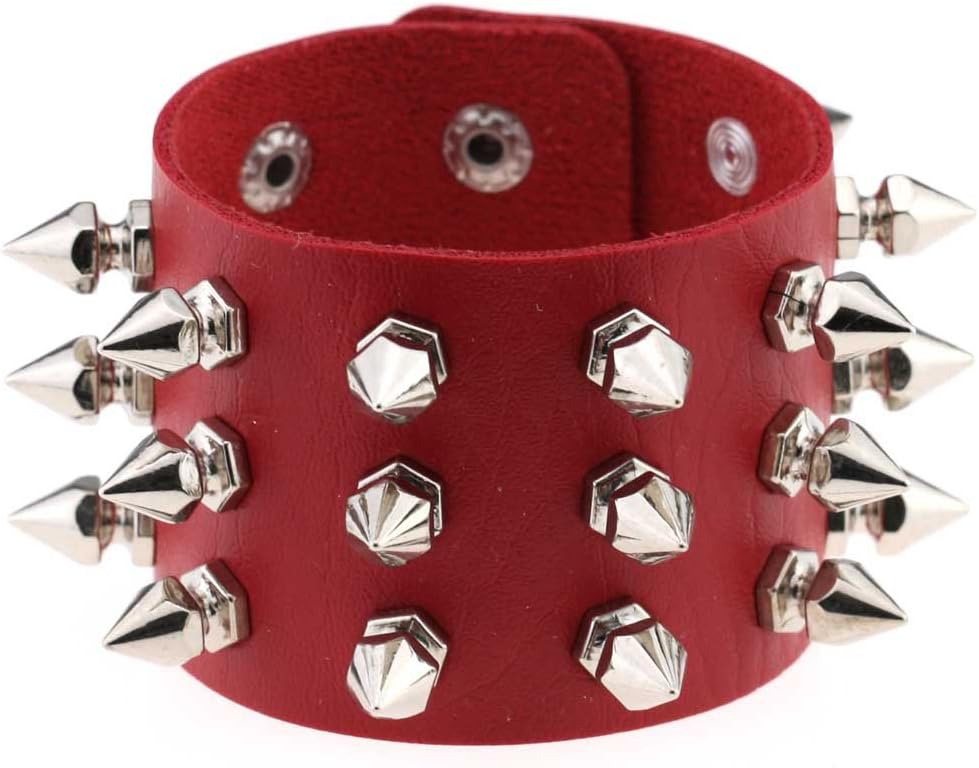 FM FM42 Multicolor PU Simulated Leather Silvert-tone Spikes Rivets Adjustable Buckle Bracelet, Pack of 2 PCs - Image 2