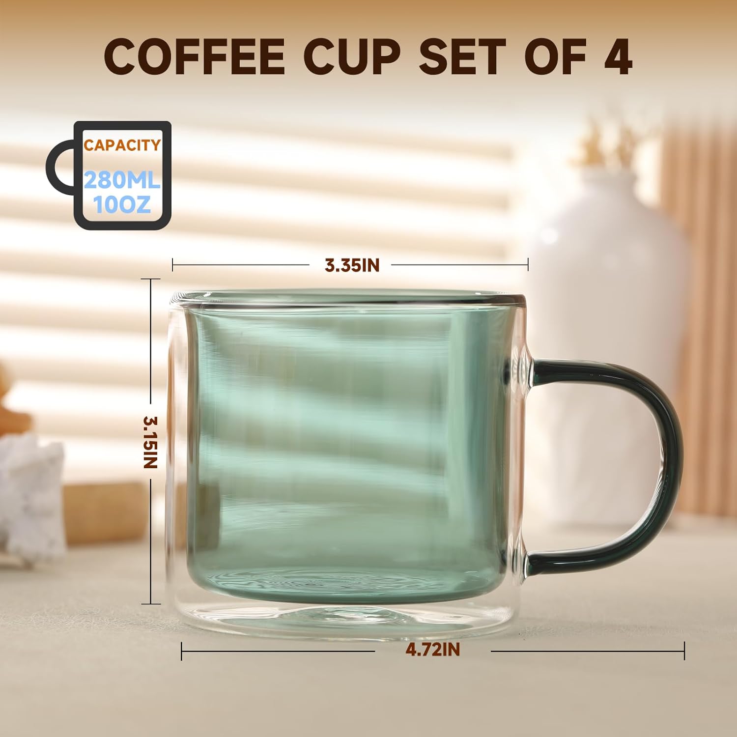 Double Wall Insulated Glass Tea Cups Set of 4, Clear Borosilicate Espresso Shot Cups for Espresso Machine, Glass Teacups Coffee Mugs with Handle for Cappuccino Latte, Green, 10OZ/280ML - Image 8