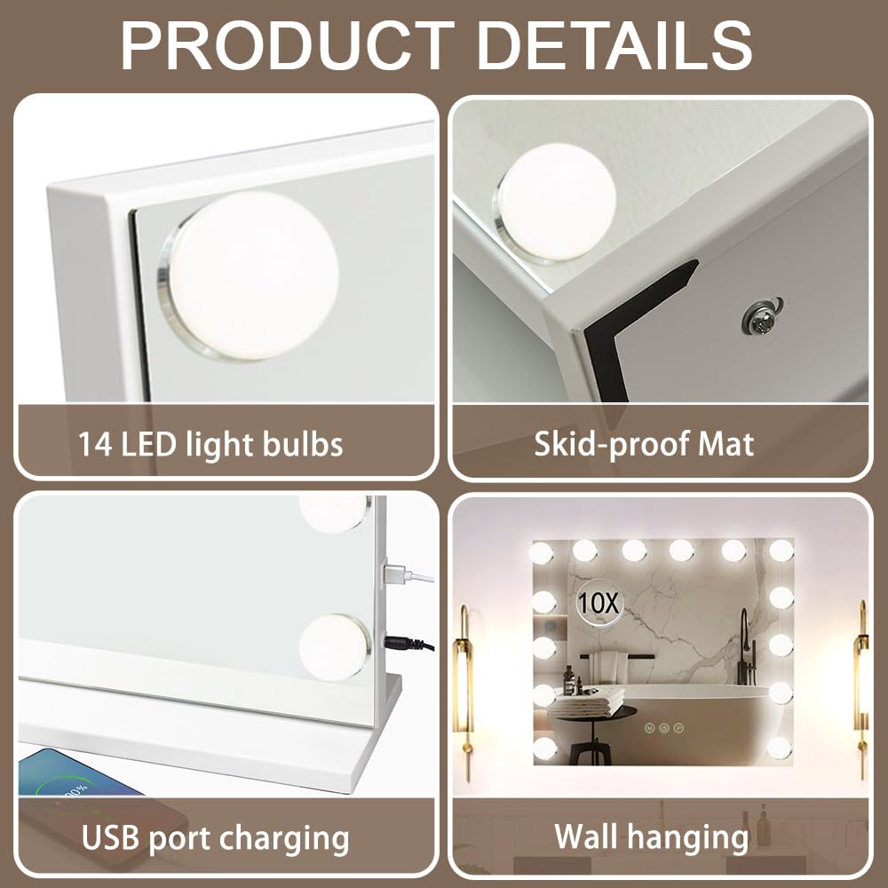 Saimeihome Specchio Trucco con Luce - 14 LED Dimmerabili 3 Modi, 50x40cm Touch Sensor Specchio da Make-Up Hollywood con 10x Ingrandimento, Multiuso Tavolo/Parete