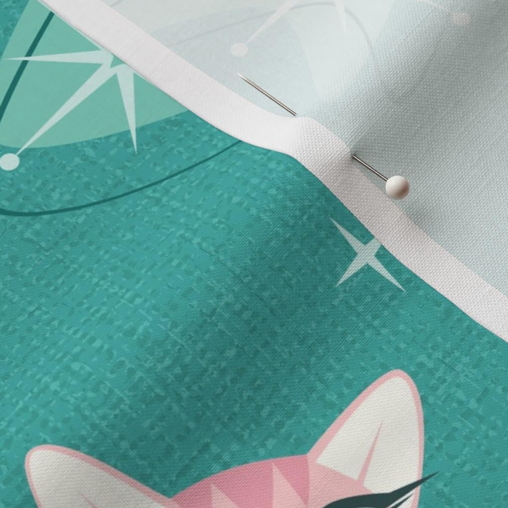 Spoonflower Fabric - Kitsch Kitten Turquoise Cat 1950S Cats Fifties Atomic Printed on Petal Signature Cotton Fabric by The Yard - Sewing Quilting Apparel Crafts Decor