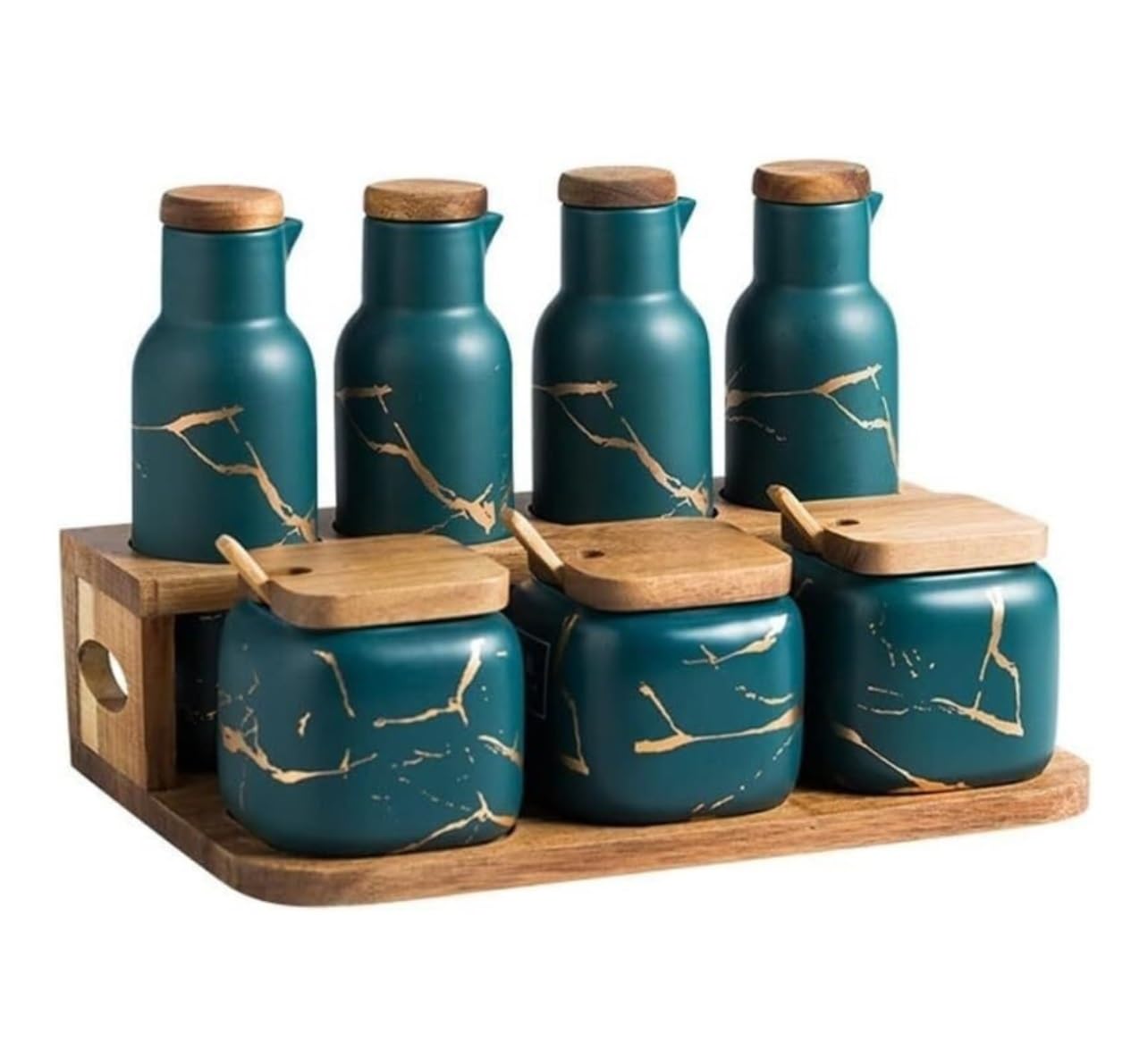SAeWare Juego de recipientes de cerámica para condimentos con cuchara de bambú, tapa y bandeja de aceite, juego de cajas de condimentos para el hogar, cocina, contenedor de especias, color verde
