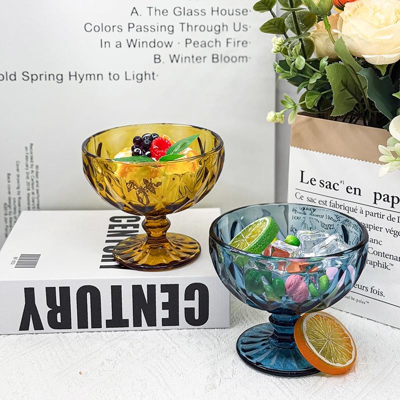 Vintage Glass Dessert Bowls Set of 6-12 Oz, Green Embossed Glass Ice Cream Bowls for coconut peach ice cream Fruit Pudding Trifle Parfait(12 Oz, rhombic) - Image 5